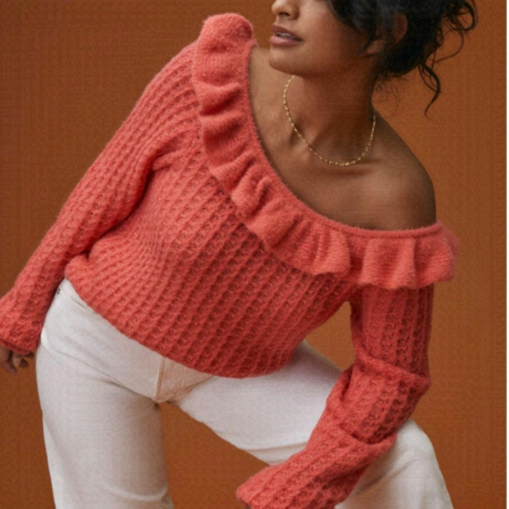 ANTHROPOLOGIE textured ruffle boat neckline off shoulder coral sweater Small